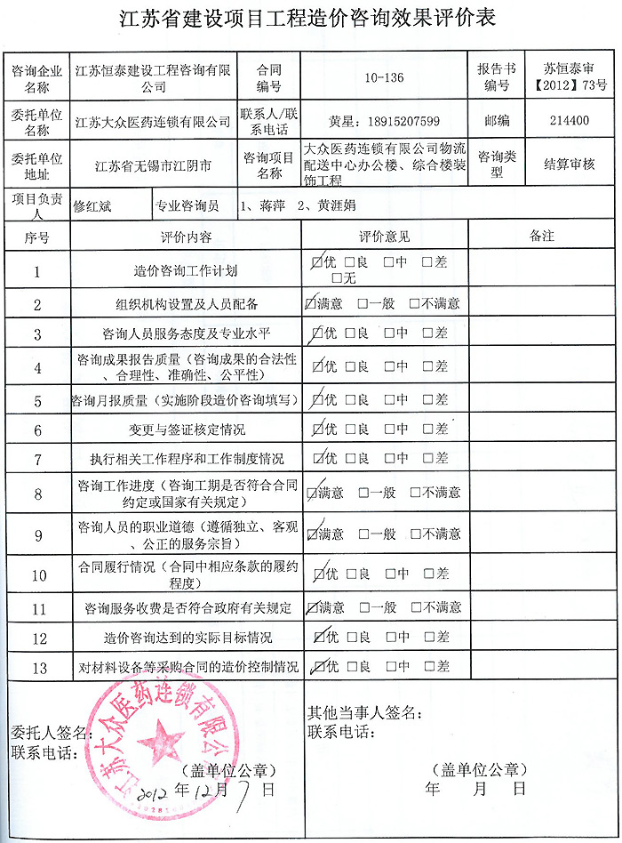 大眾醫(yī)藥連鎖有限公司物流配送中心辦公樓、綜合樓裝飾工程評價表